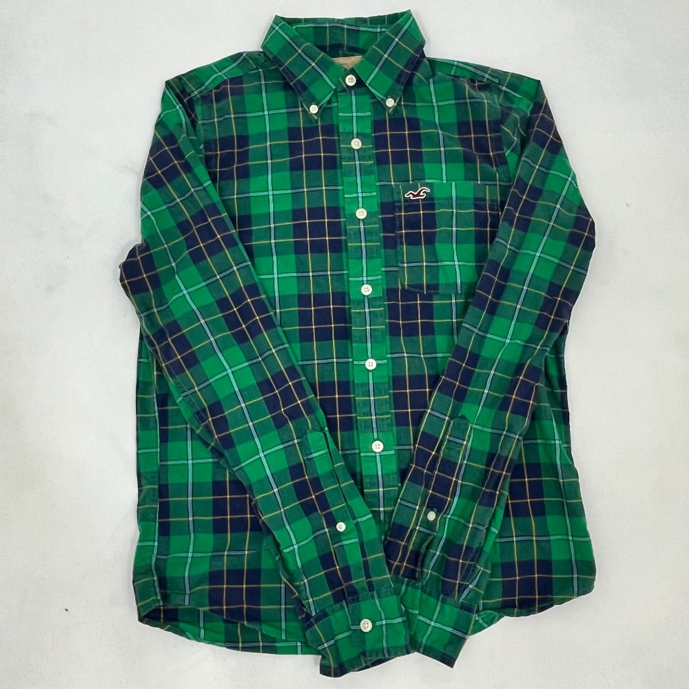 Hollister Men’s M Green Plaid Shirt Long Sleeve‎ Button Up Casual Style